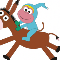 A mokey riding a donkey.