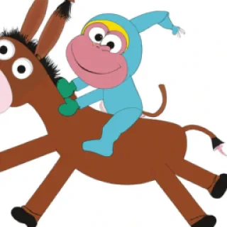 A mokey riding a donkey.
